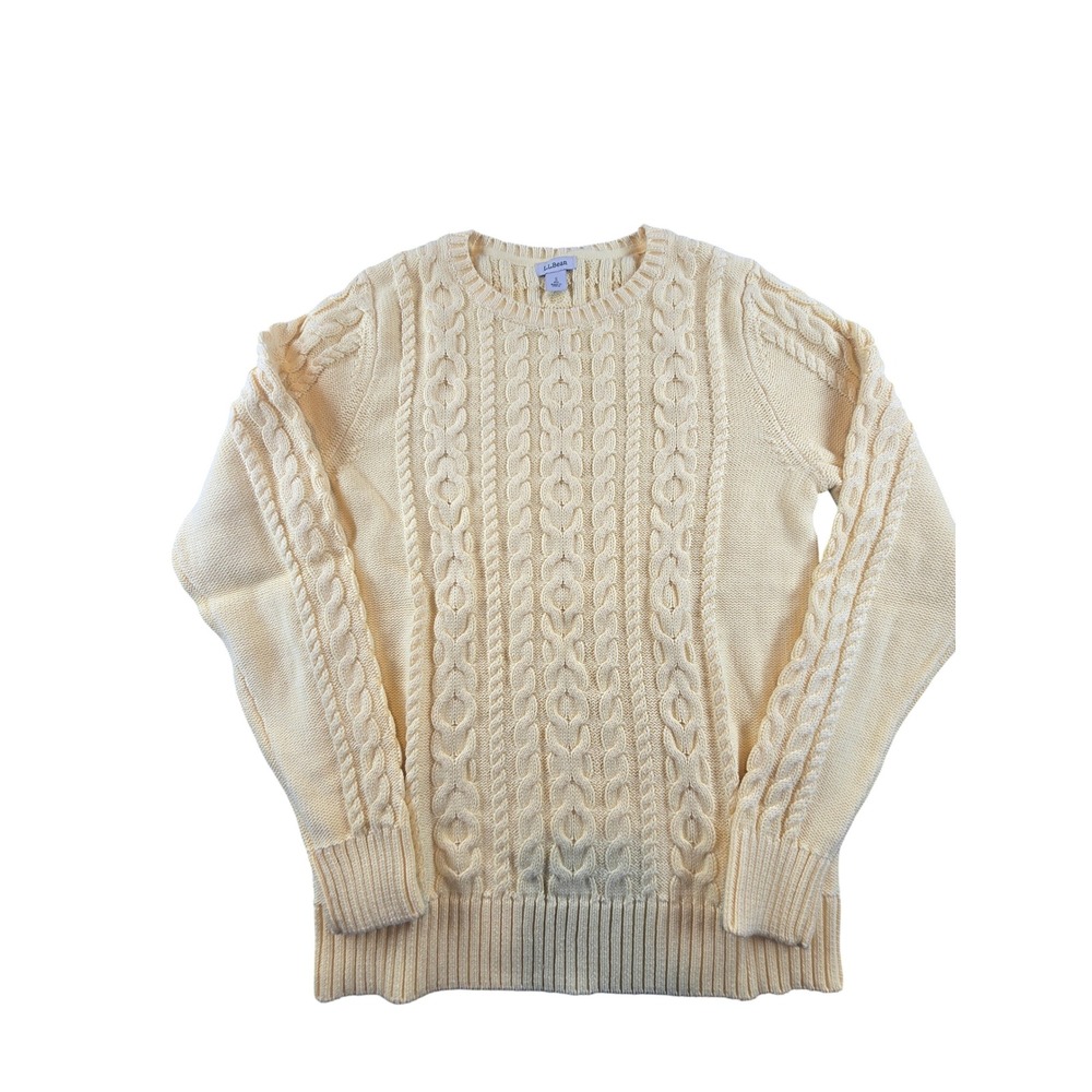 LL Bean Womens Cable Knit Sweater Pale Yellow 100% Cotton Crewneck 298839 Small